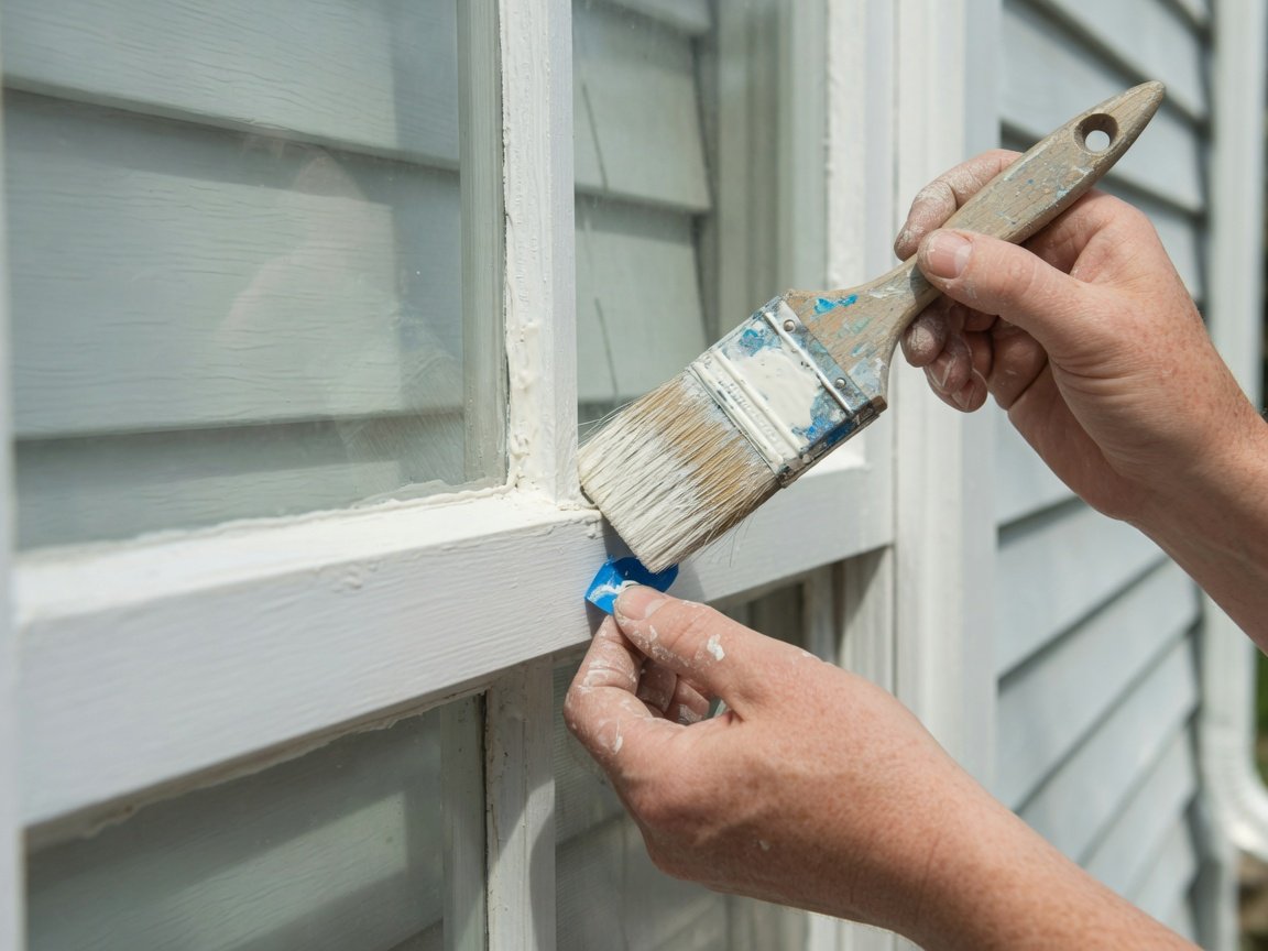 Painter carefully brushing exterior window trim