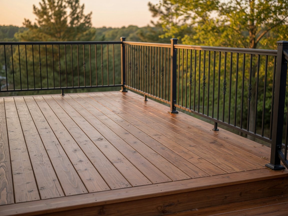 Freshly stained wooden deck with black metal railing at sunset